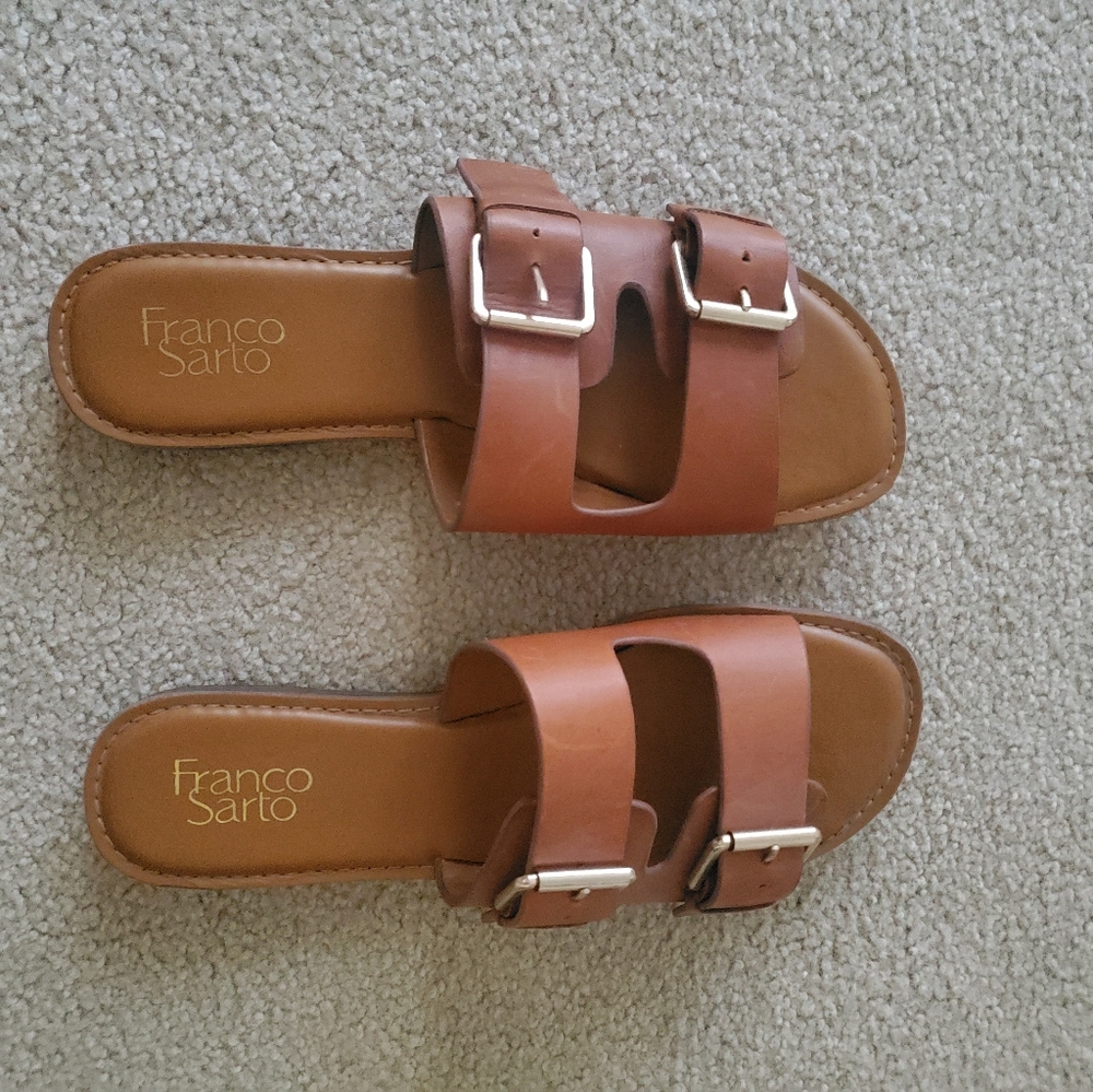 Franco Sarto Womens Godiva Leather Open Toe Casual Slide, Whiskey